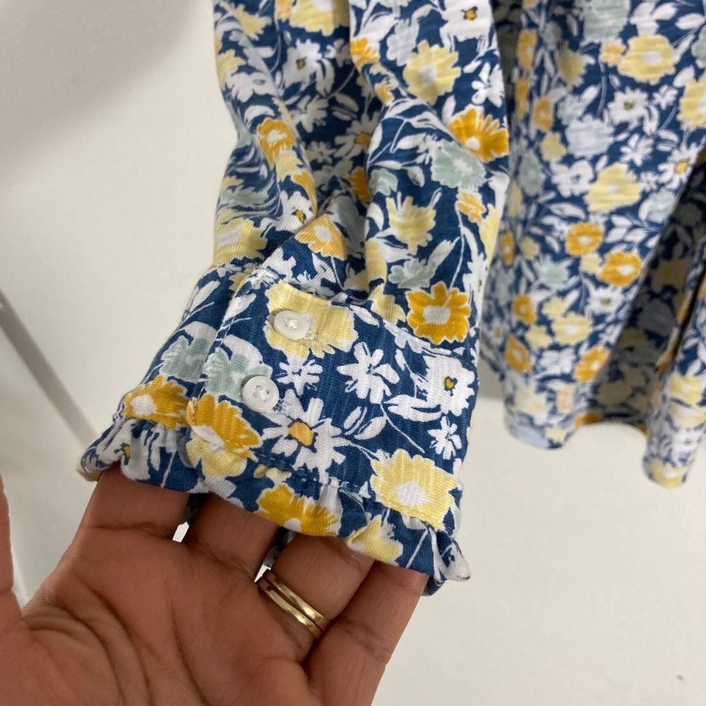 Croft & Barrow Floral Button Down Shirt Womens Large Blue Yellow Ruffle - Picture 6 of 7
